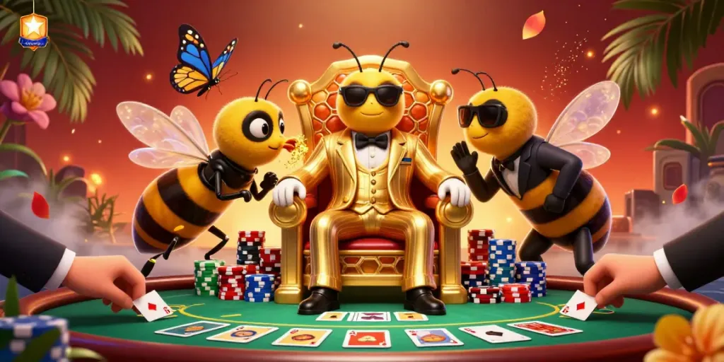 Join the fun at KUWIN casino with an ultra-detailed illustration of a bumblebee mob boss overseeing a vibrant poker game.