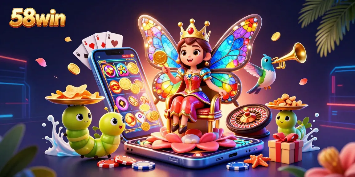 Spin and win at 58win with captivating slots and vibrant gaming elements in an exciting 3D scene.