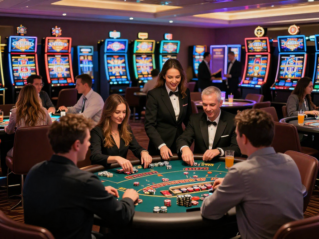 Giocatori felici in un casinò non AAMS, immersi tra tavoli da gioco e macchine slot.