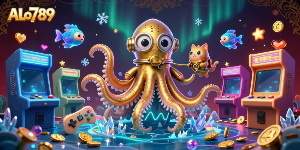 Engage in thrilling betting action at ALo789 with a dynamic casino scene featuring an animated kraken and diving cat.