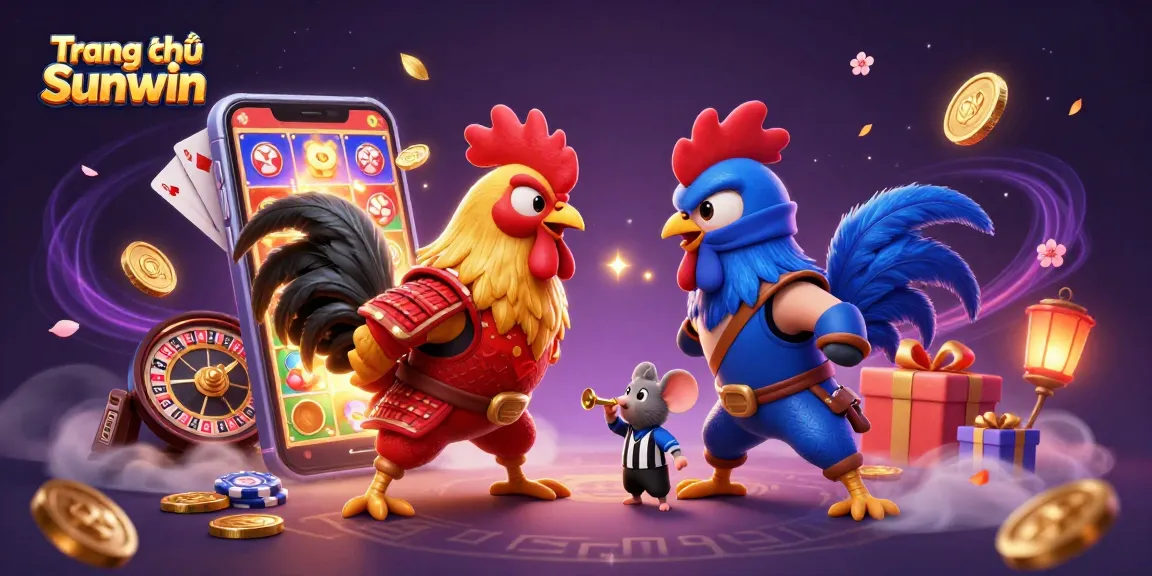 Experience thrilling action at Trang chủ Sunwin with dynamic fighting roosters amidst vibrant casino elements.