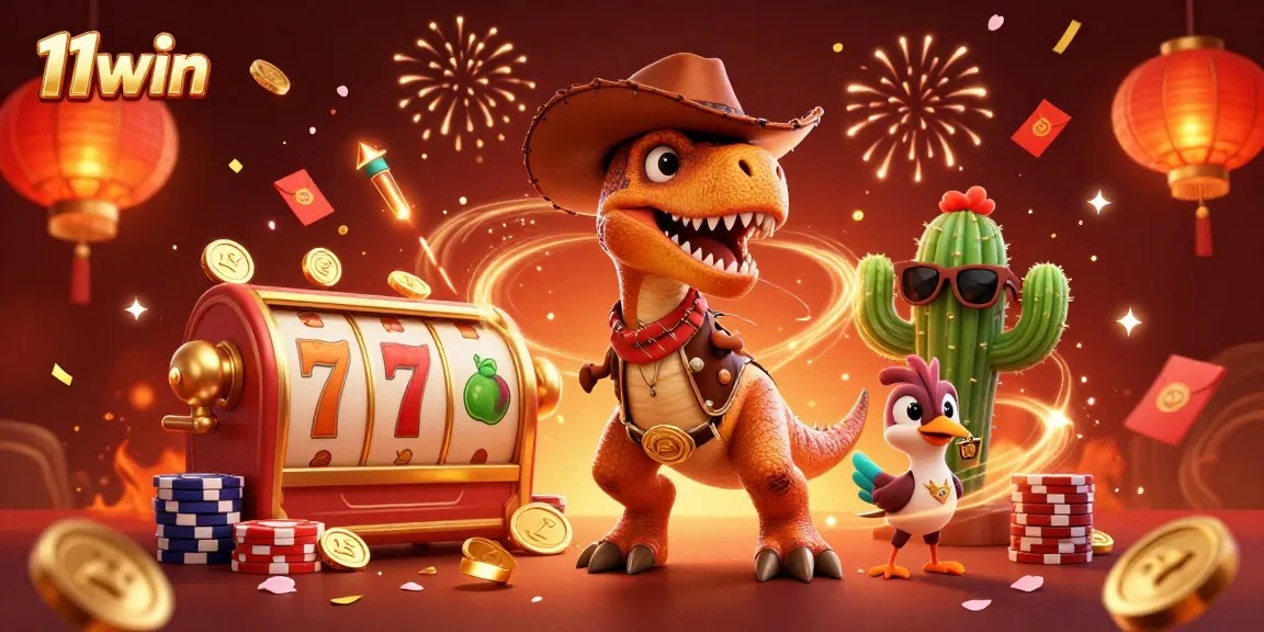 Engage in thrilling gameplay at 11win with a vibrant casino scene featuring characters and slot action.