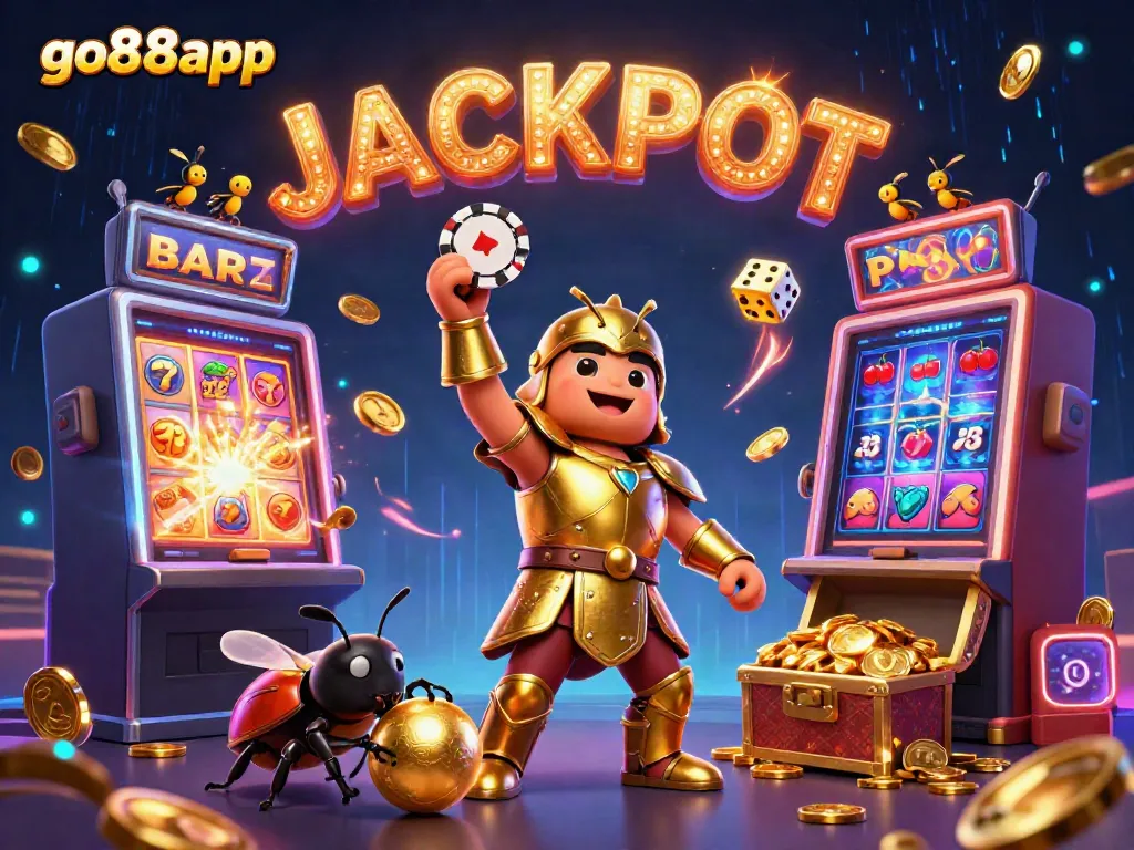 Experience the thrill of winning with go88app as a victorious beetle lifts a poker chip amidst a dazzling gambling scene.