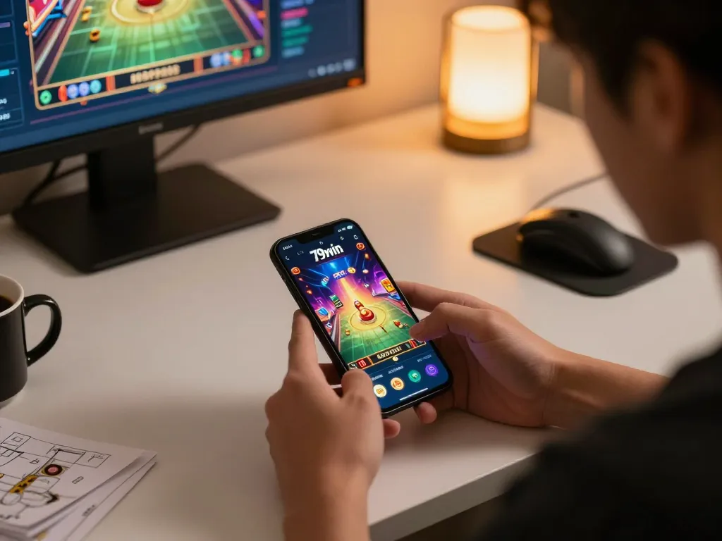Player enjoying casino games on 79win app during a cozy home gaming session