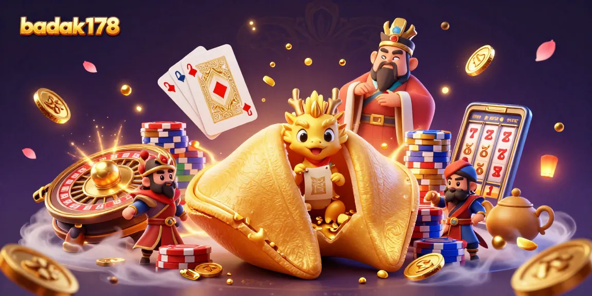 Experience the magic of badak178 with a dynamic casino scene featuring golden treasures and lively characters.