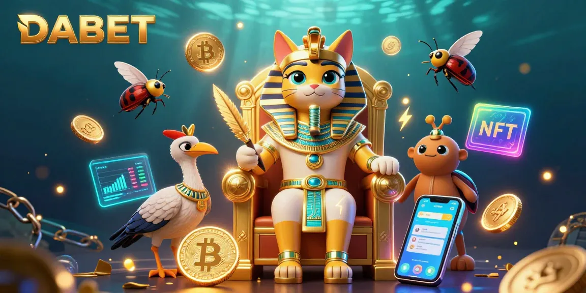 DABET showcases a vibrant 3D illustration of a cartoon pharaoh cat on a throne amidst lively casino elements.