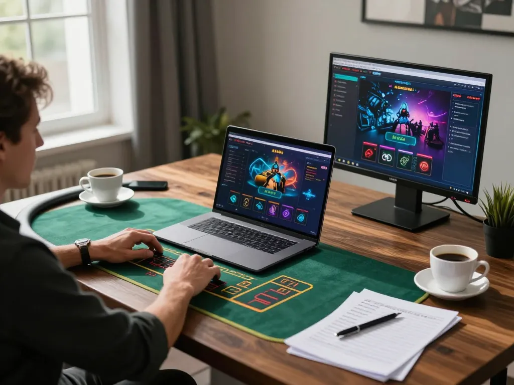 Nohu90 user engaging in live dealer game on laptop, showcasing a strategic online betting experience.