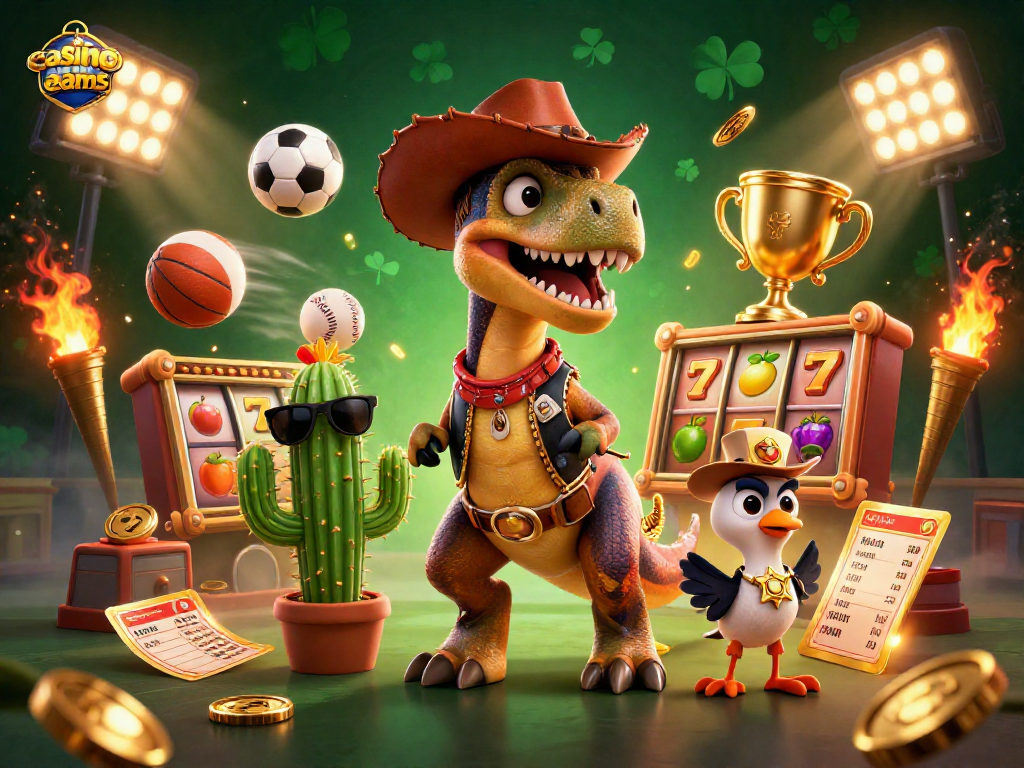 Attiva emozioni nel casino non aams con un T-Rex cowboy e simboli di slot fruttati.