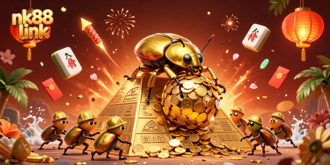 Experience exciting gameplay at nk88 link with a vibrant illustration of a golden beetle and casino symbols.