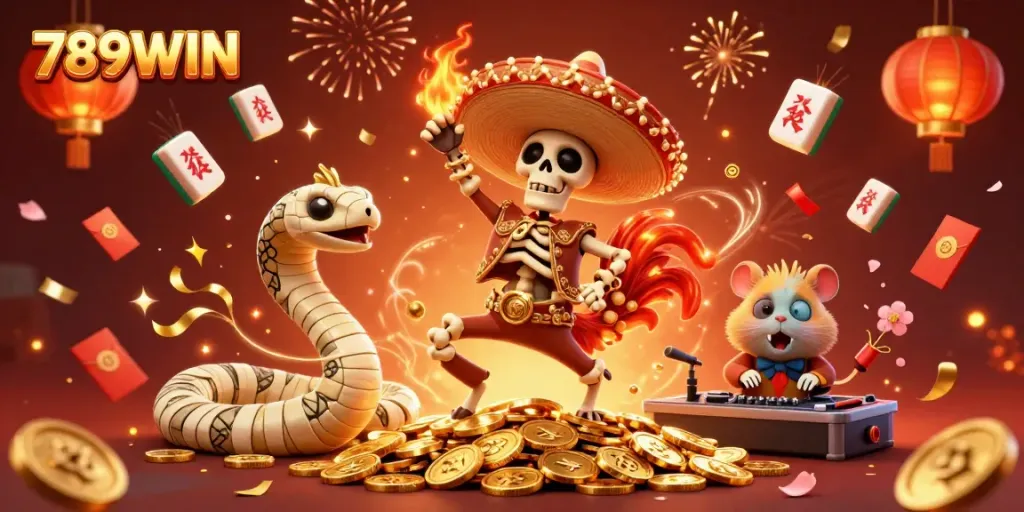 Experience the vibrant celebration of 789WIN with a festive 3D scene featuring magical casino elements and joyful characters.