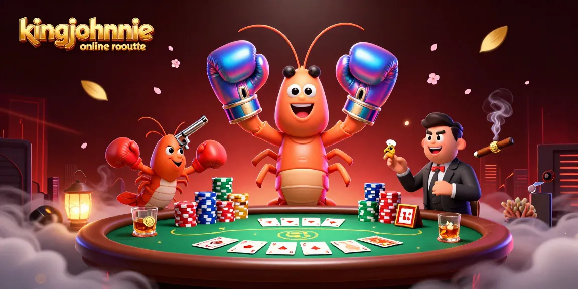 Experience kingjohnnie online roulette with vibrant cartoon shrimp characters battling over poker chips and cards.