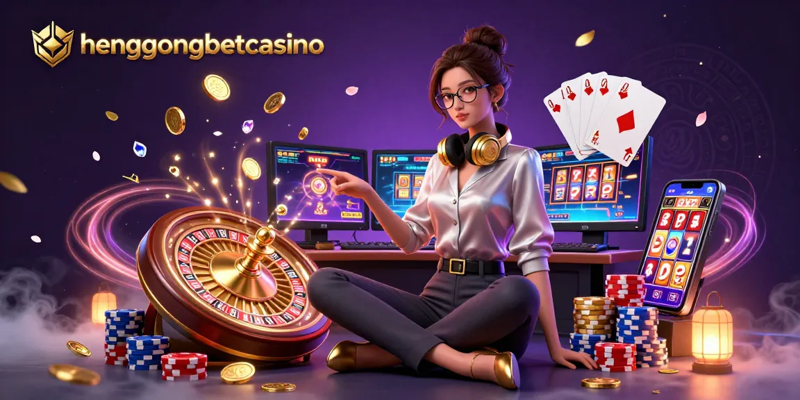 Experience the excitement of hengongbetcasino with a stunning illustration showcasing vibrant casino elements and an engaging gamer setup.