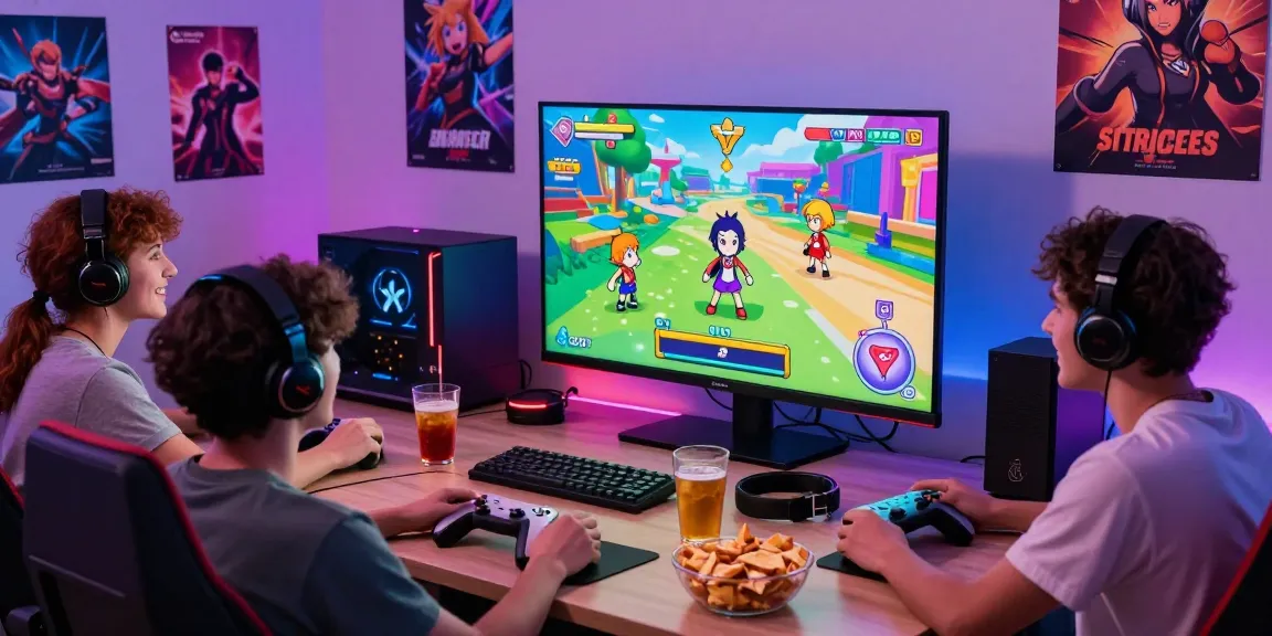 Friends enjoying an interactive hentaigame on a large screen with snacks and gaming gear, creating a lively atmosphere.