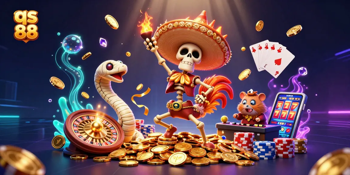 Experience the vibrant world of qs 88 with cartoon characters amidst a pile of gold coins and casino elements.