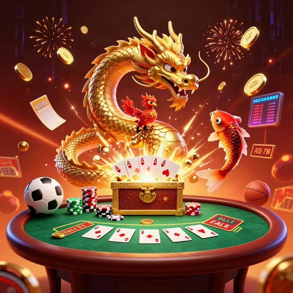 Golden dragon, phoenix and koi erupt from treasure with chips, cards, sports props and neon sparks.