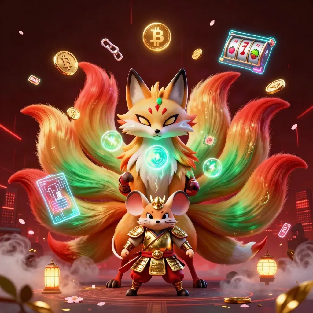 Neon nine-tailed fox and golden mouse amid casino effects on a dark red-black splash tile.