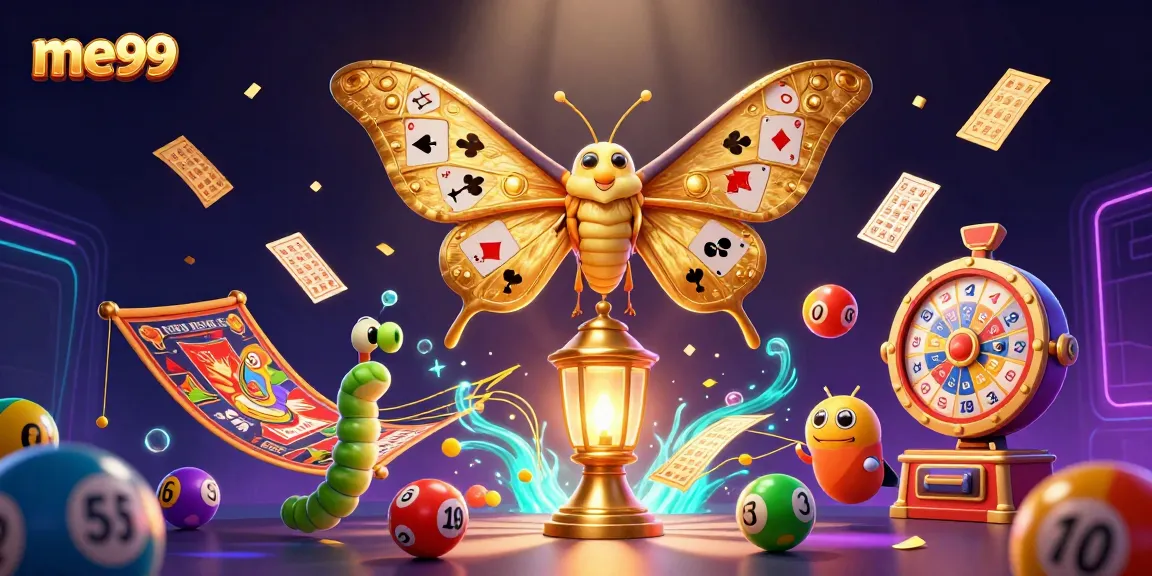 Engage with exciting me99 casino features featuring a vibrant 3D cartoon moth, lottery balls, and golden bingo cards.