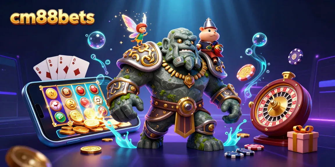Spin wins in cm88bets with a golem guardian, fairy, and knight amid vibrant casino elements.