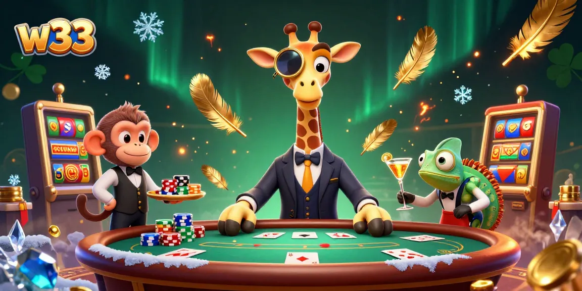 Engage with w33 casino slots featuring a high-roller giraffe and vibrant gaming elements.
