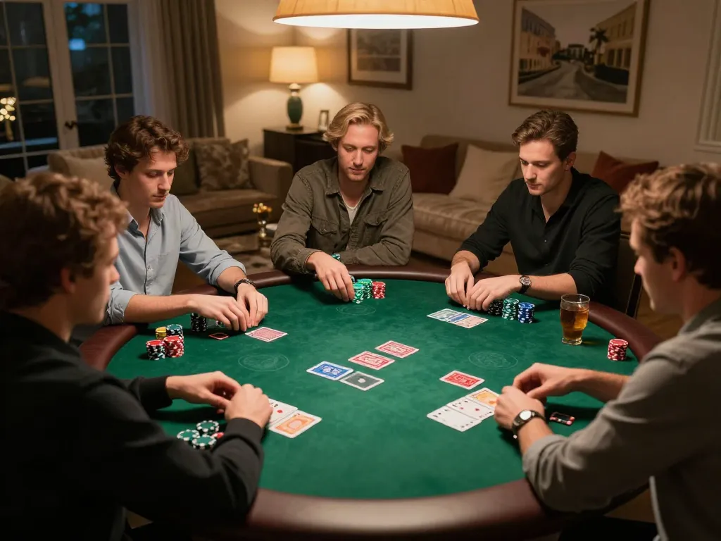 gamedoithuong88 players enjoying an elegant poker game in a cozy home atmosphere with cards and chips