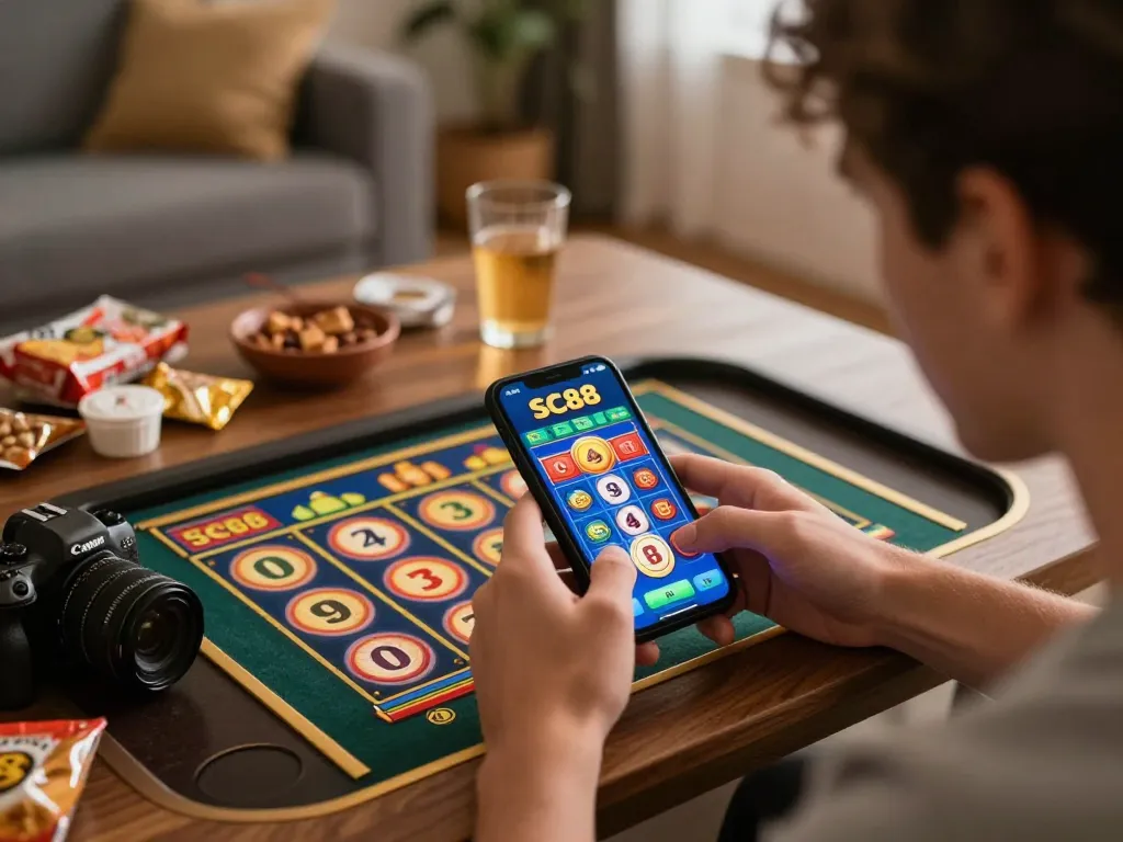 Engaged user experiencing SC 88 mobile gaming with vibrant slot reels on their screen.