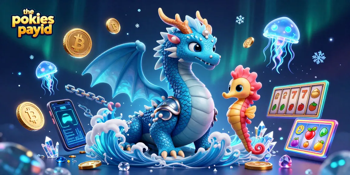 The pokies payid showcases an energetic 3D scene with a dragon, seahorse knight, and slot symbols amidst cryptocurrency visuals.