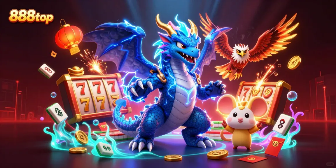 Experience thrilling gameplay with 888top's vibrant casino world, featuring dynamic dragons and festive elements.
