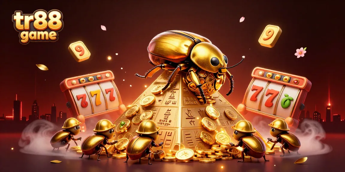Engage with the tr88 game through a vibrant casino-themed scene featuring golden beetles and slot machines.