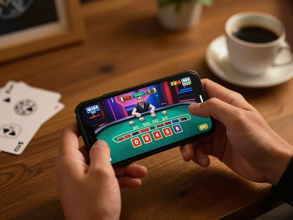 Vin88 player enjoying live casino games on a smartphone in a cozy setting.