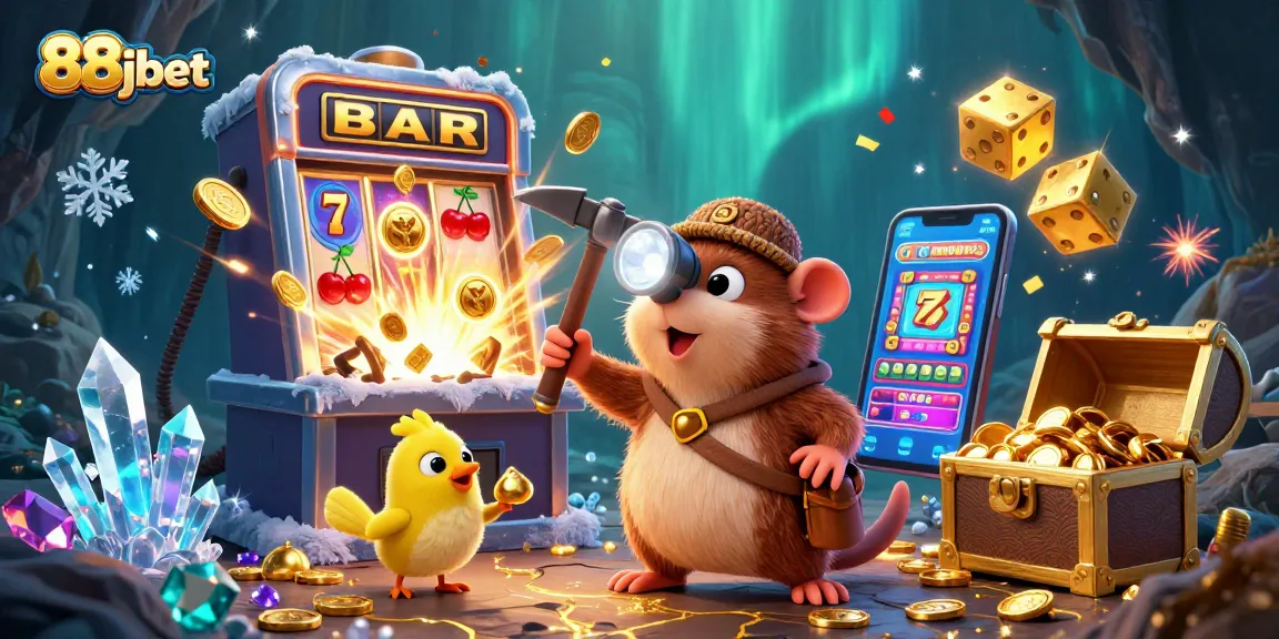 88jbet treasure hunter mole explores a cave full of jackpots and gems in vibrant colors.