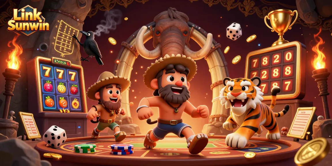 Engage with Link Sunwin's thrilling casino experience featuring an animated caveman and tiger duo.