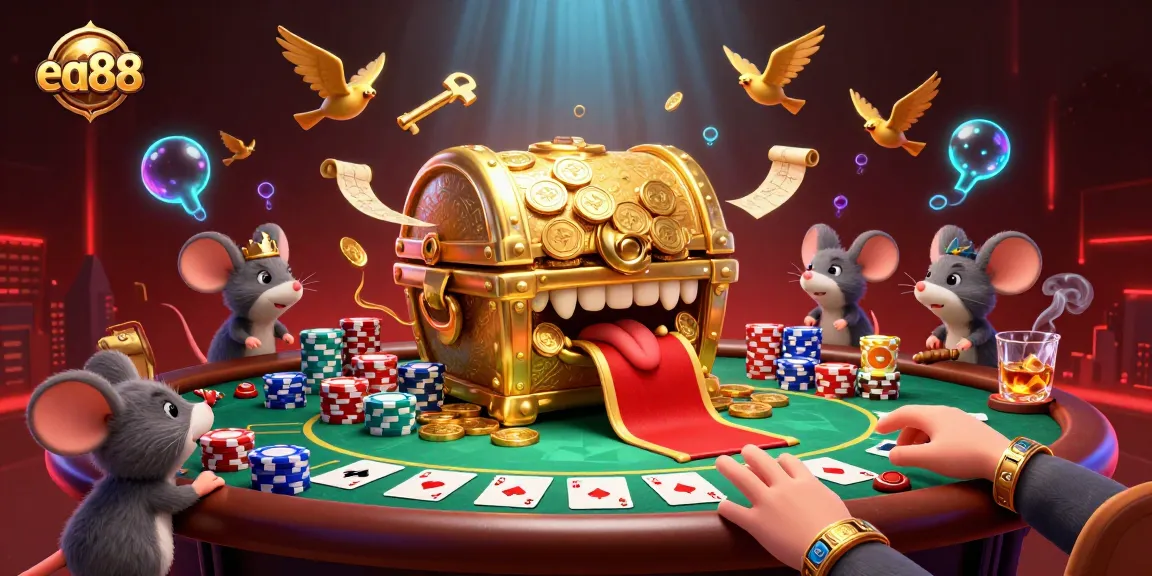 Engage in thrilling gaming at ea88 with a vibrant treasure scene of mice and golden riches.