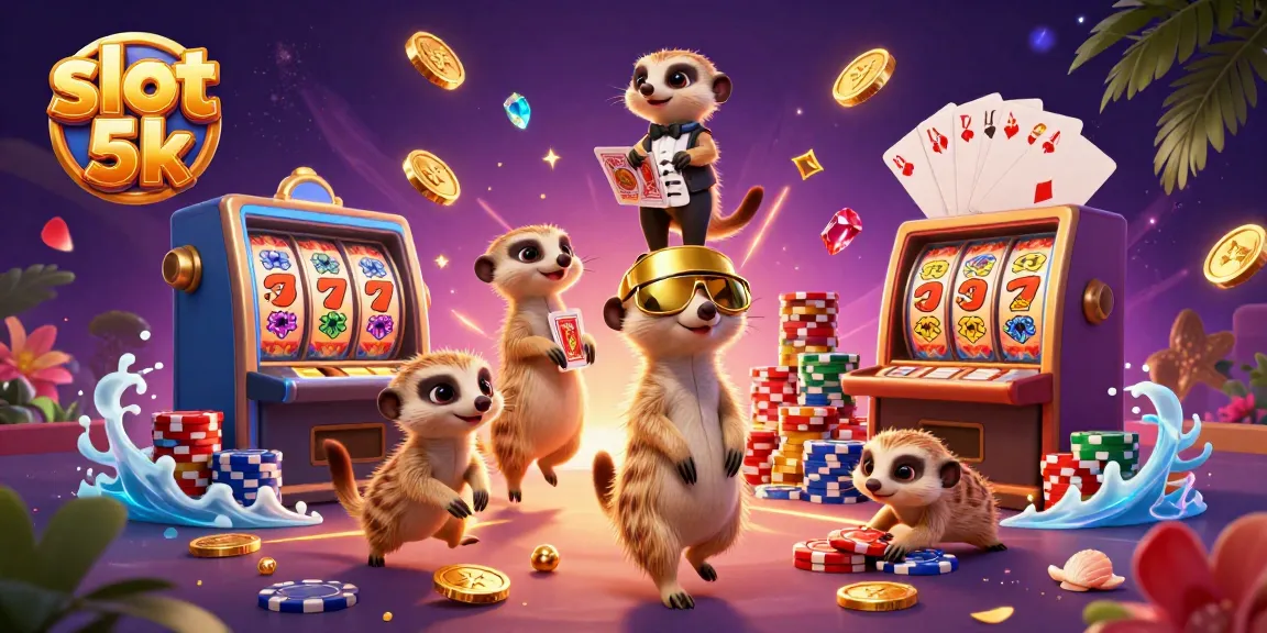 Experience excitement at slot 5k with lively meerkats managing casino games and vibrant color elements.