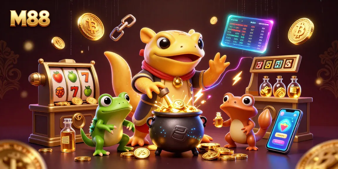 M88 promotes winning strategies with a golden alchemist and dynamic slot game elements.