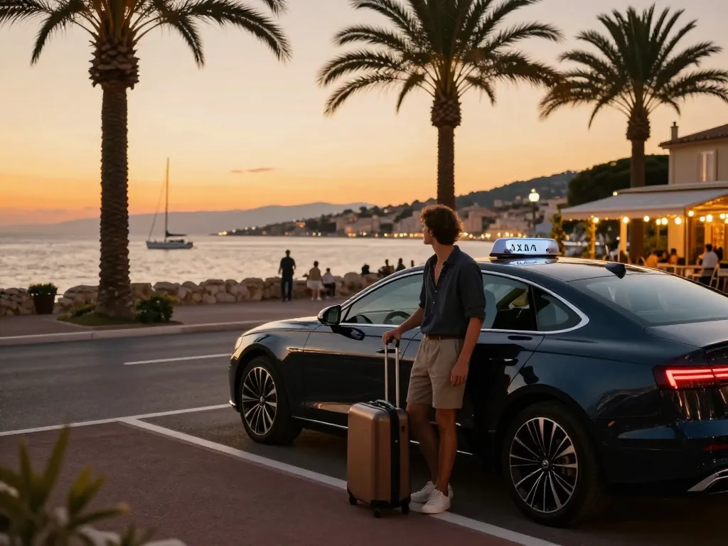 Scène de voyage de luxe avec Taxi Saint-Tropez lors du coucher de soleil au stand de taxi côtier.