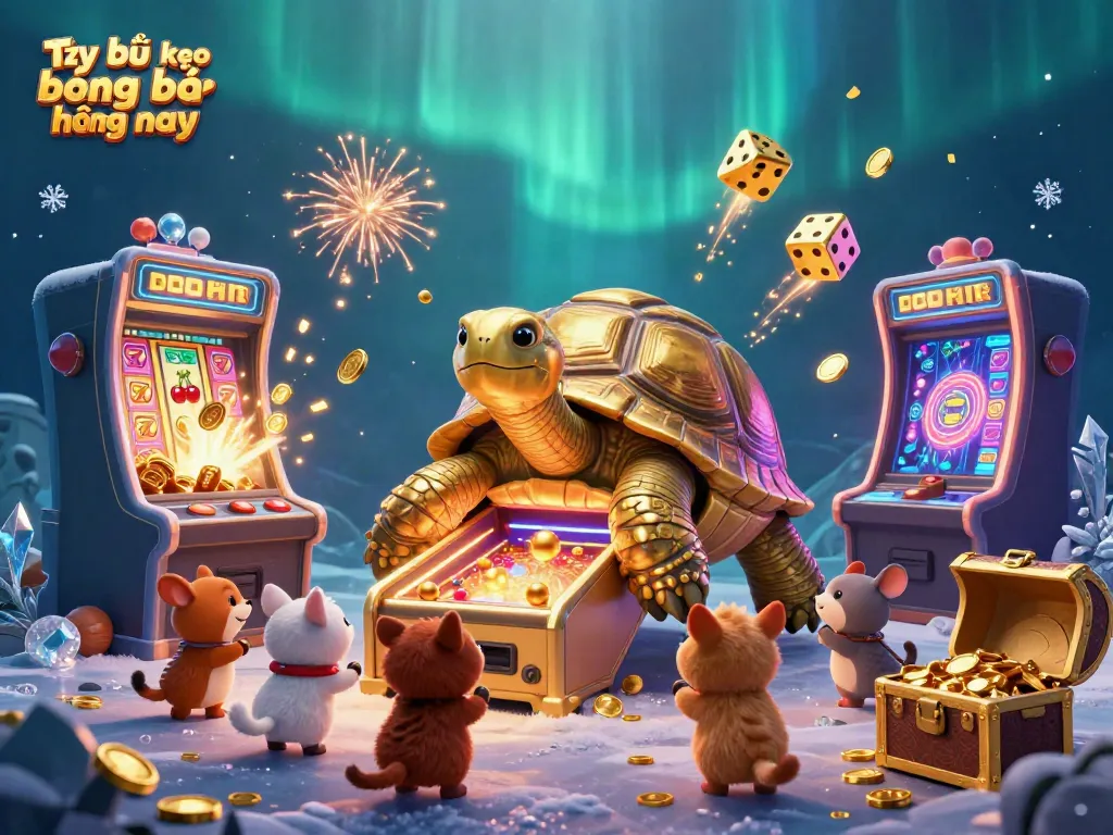 Tỷ lệ kèo bóng đá hôm nay in an exciting gaming scene with animated golden tortoise and slot machines.