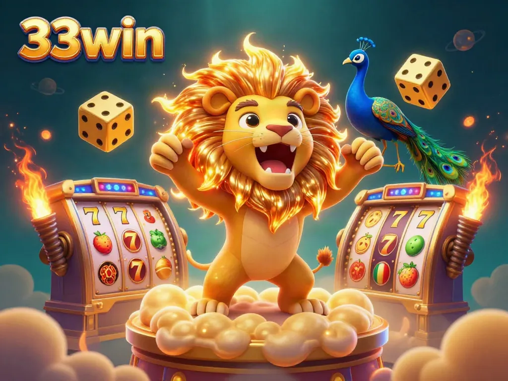 Engage with 33win's vibrant casino scene featuring a roaring lion and dynamic game elements.