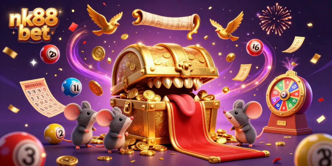 Engage in thrilling lottery action with nk88 bet, featuring colorful lottery elements and magical treasure.