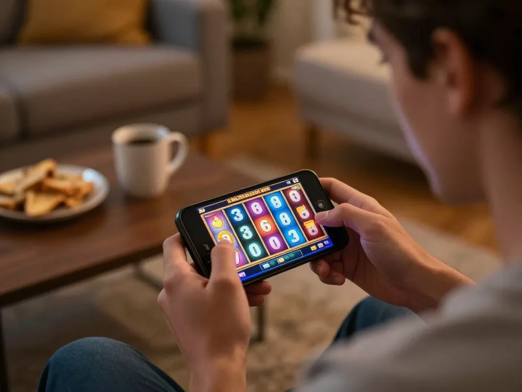 Player enjoying online slots on their smartphone at home with jus77 interface displayed.