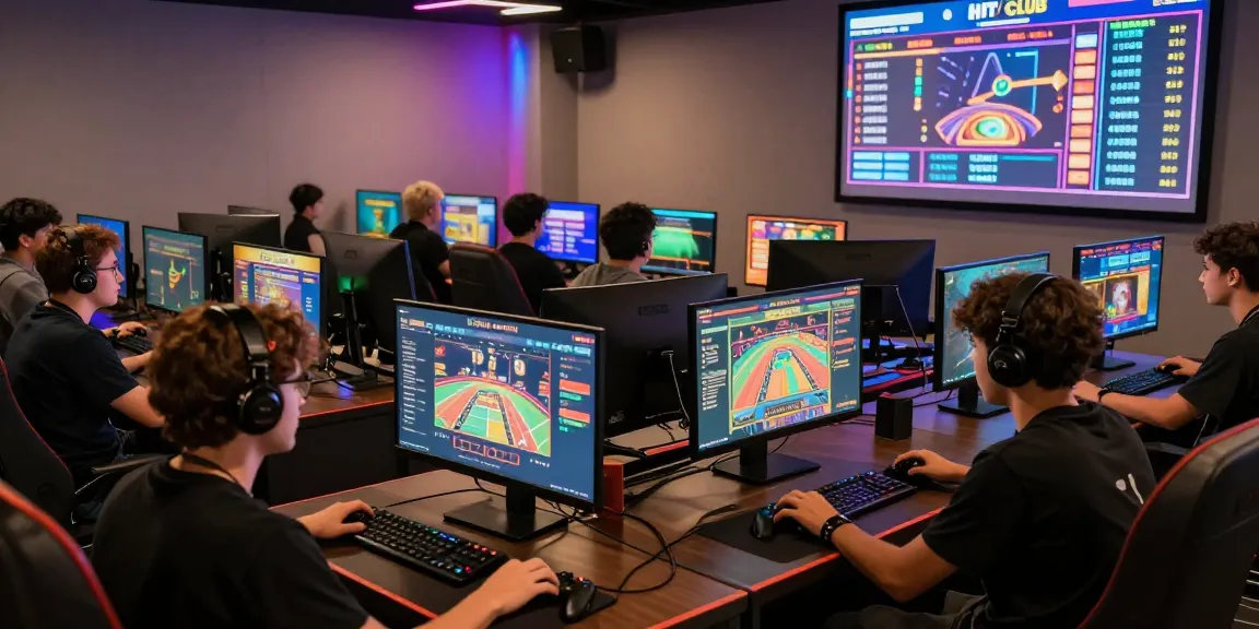 Engaged players at HIT CLUB gaming lounge with vibrant screens and competitive atmosphere.