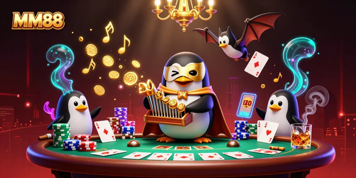 Play at MM88 with a vibrant 3D casino scene featuring a penguin and acrobat producing golden coins.