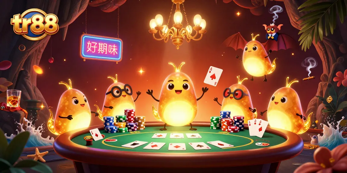 Experience thrilling gameplay at TR88 with poker tables and vibrant casino elements illuminating the scene.