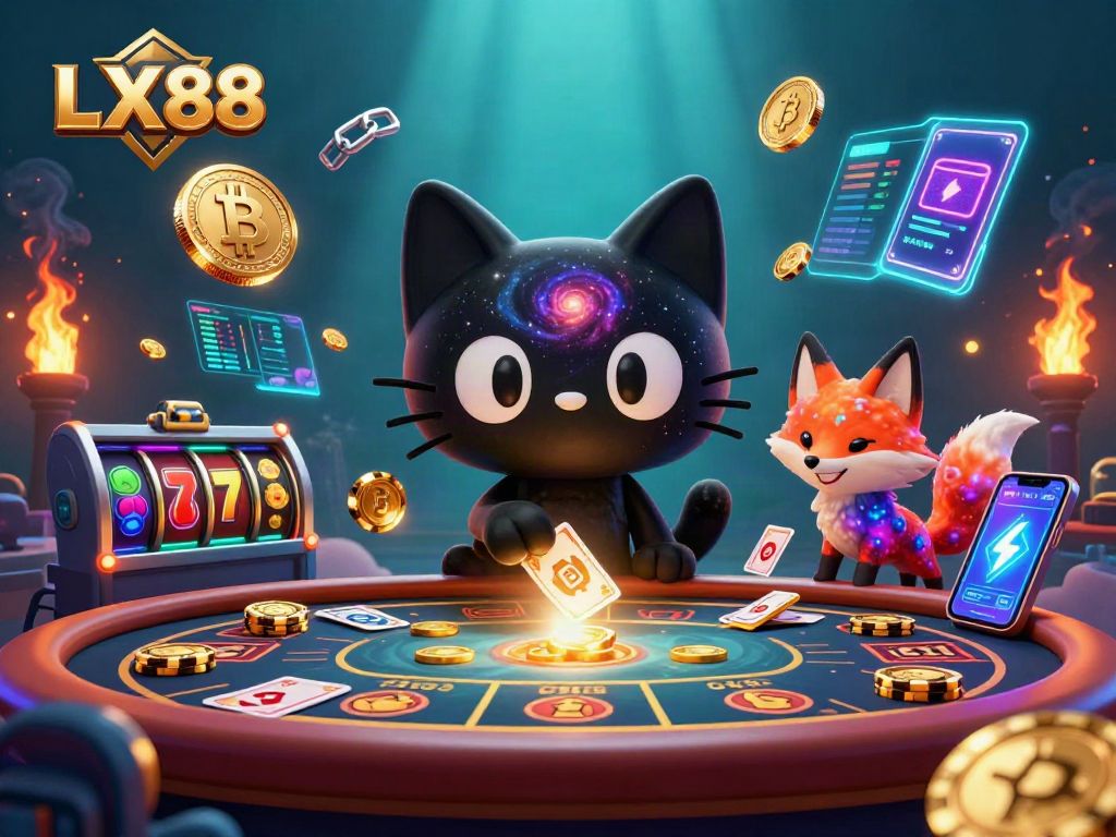 LX88 gaming scene with a cosmic cat and a nebula fox, showcasing vibrant casino elements and cryptocurrency icons.