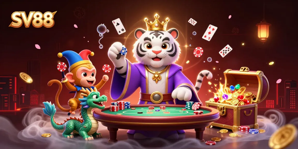 Experience thrilling gameplay with SV88’s gripping poker table, animated characters, and vibrant casino atmosphere.