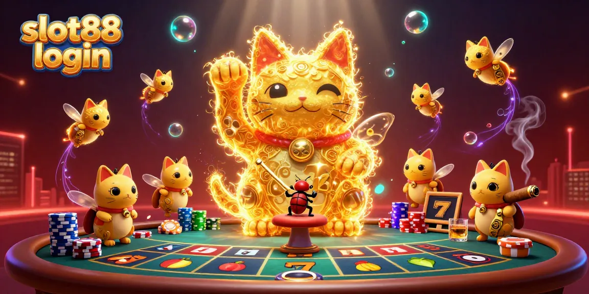Join the exciting slot88 login scene with a golden lucky cat made of fireflies amidst vibrant casino elements.