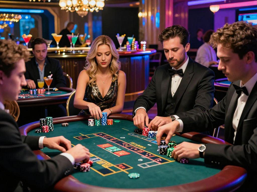 Giocatori coinvolti in giochi da tavolo di casino non aams, atmosfera vivace e avvincente, luci fluorescenti e bar lussureggiante sullo sfondo.