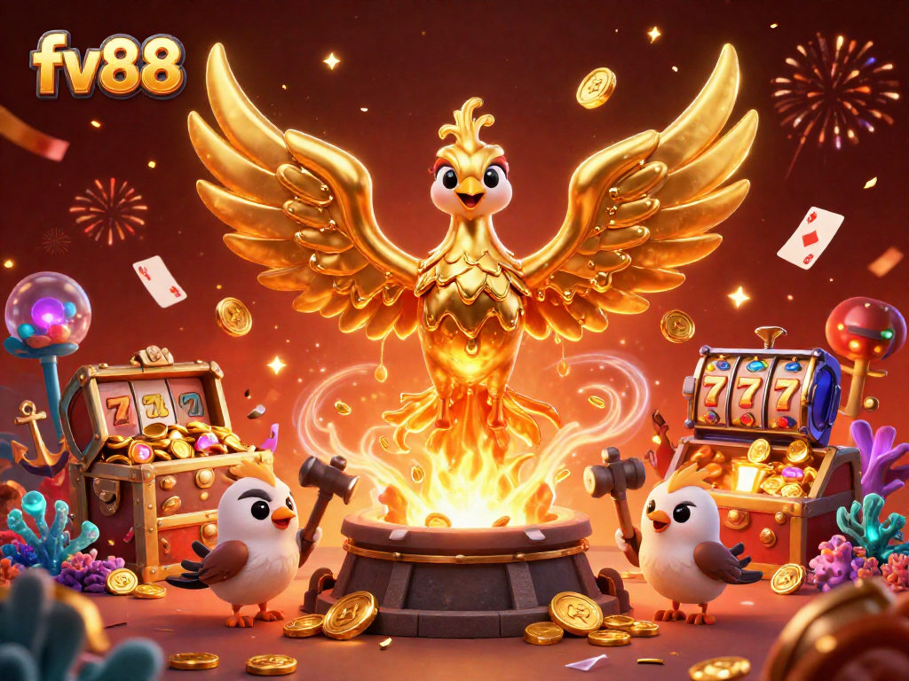 Experience the thrill of casino play with fv88’s golden phoenix of fortune amid vibrant game elements.
