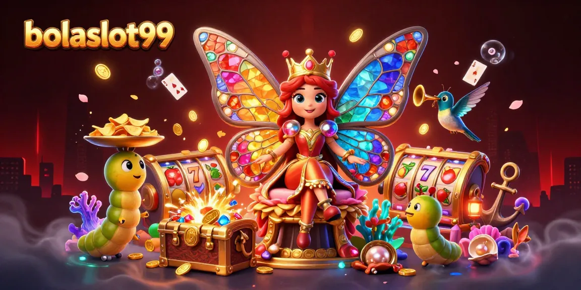 Bolaslot99 casino scene featuring a butterfly queen, lively slot reels, and rich game elements.