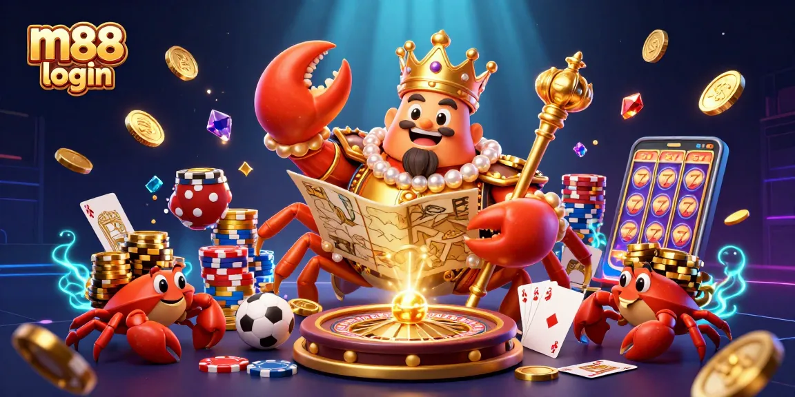 Experience the thrill of m88 login with a vibrant casino scene featuring a golden crab emperor and lively game elements.