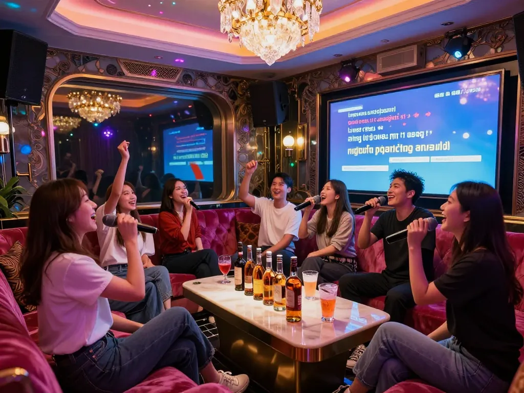 스타일리시한 인테리어와 활기찬 분위기 속에서 달토가라오케에서 즐거운 밤을 보내는 친구들.